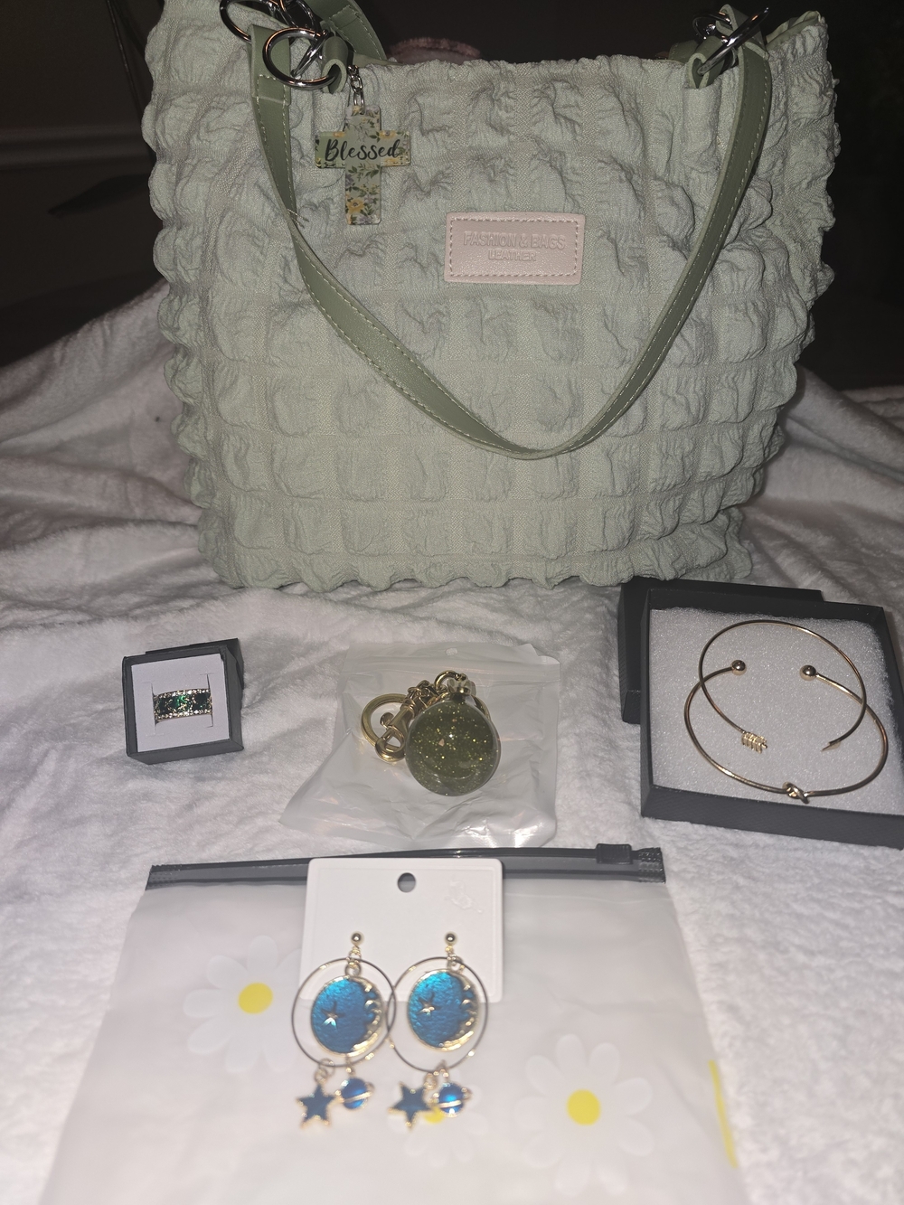 Mint Green textured Puffy Bubble Tote Bag with a "Blessed" cross charm & Jewelry